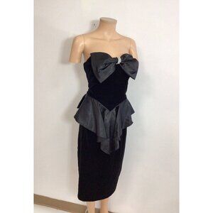 Strapless Black Velvet Dress with Satin Bow and Peplum